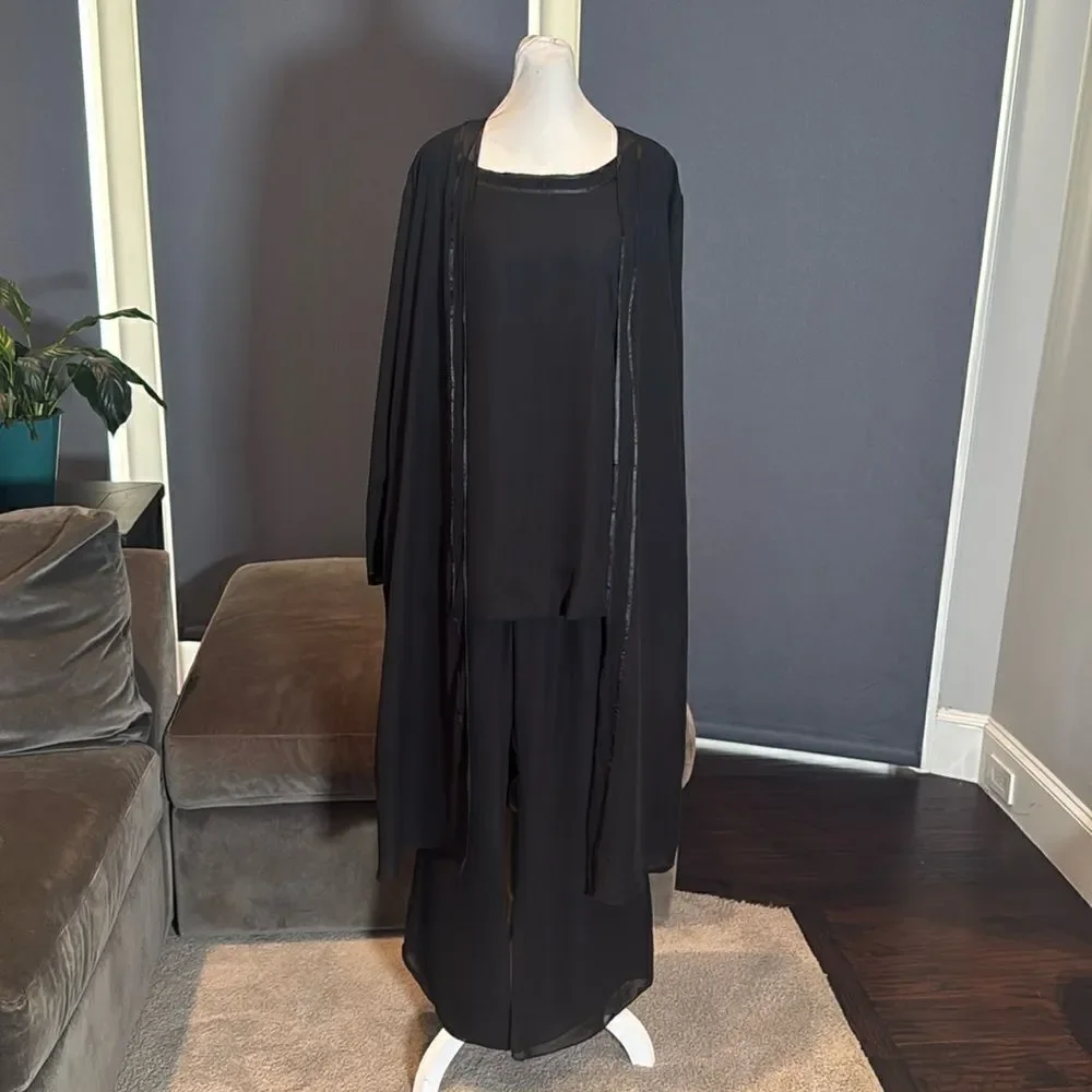 Women’s Black Chiffon 3 Piece Formal Pants Suit Ribbon Detail Size 16 NEW